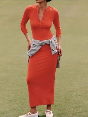 NWT Anthropologie Daily Practice Red Ribbed Henley Maxi Dress Bodycon Size XXS